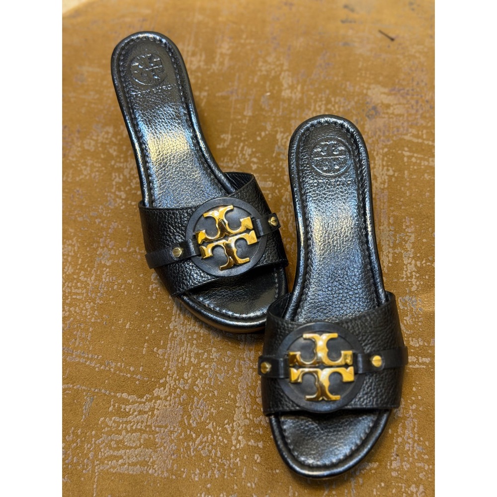 Tory Burch Miller Black Leather Wood Platform Wedge Sandals Gold Logo 8M